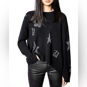 Zadig & Voltaire Cashmere Markus Intarsia Knit Star Sweater XS Noir